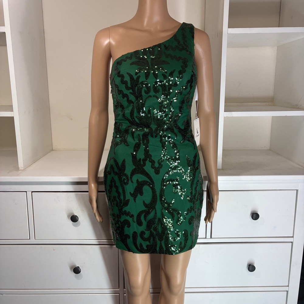 Uknzucl Cocktail Dress Womens Small Green Sequin One Shoulder Mesh Bodycon